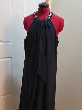 SLNY Navy Beaded Halter Evening Gown